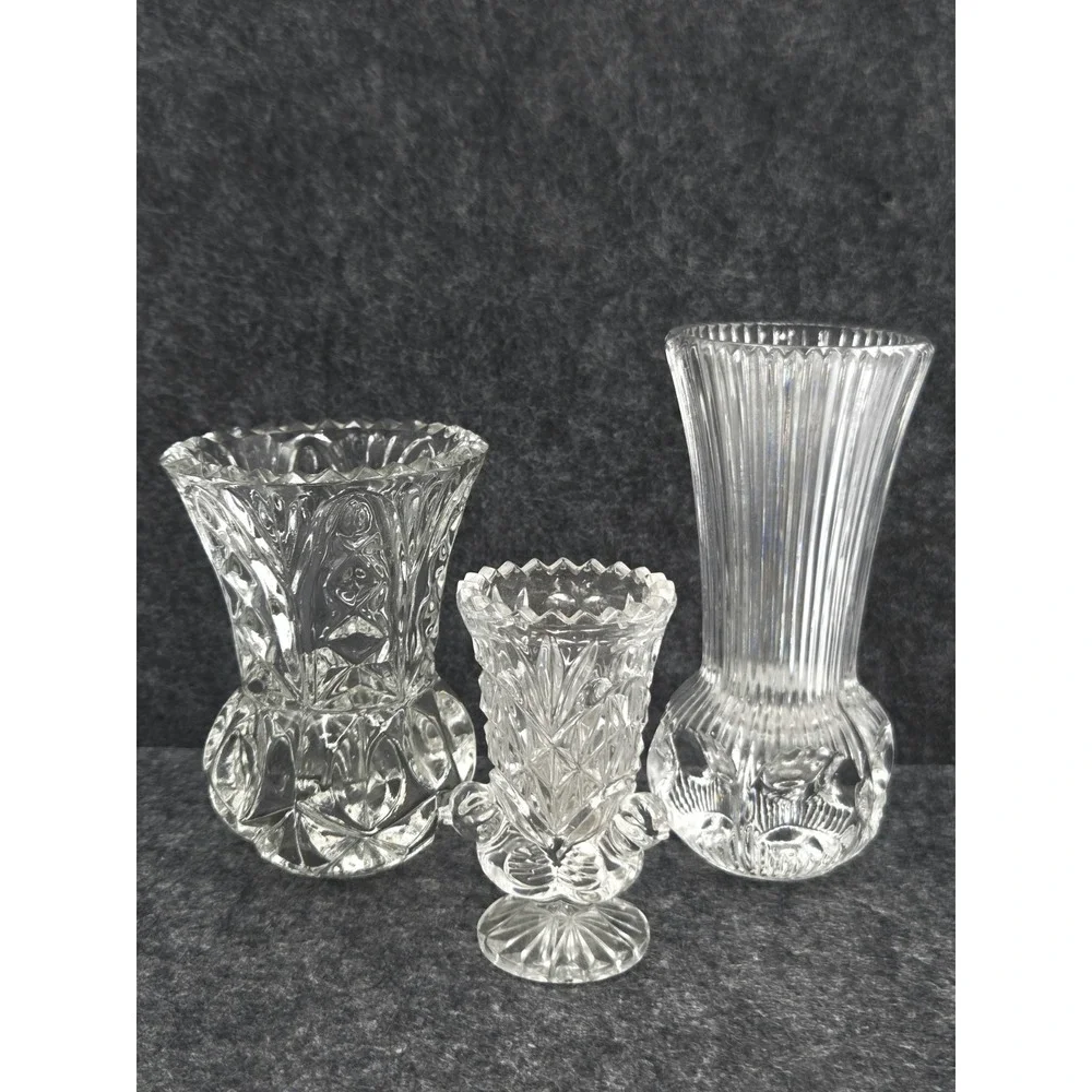 Lot Of 3 Hand Cut Lead Crystal Bud Vases Toothpick Holders VTG 1970's Thumbprint